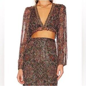 House of Harlow x Revolve Rust Floral Marella Metallic Cropped Blouse Size Small